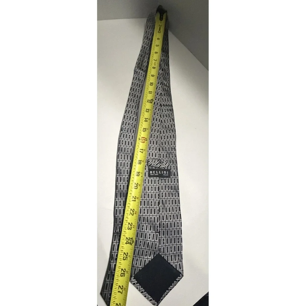 Bellini New York Milan Mens Silk Tie Silver Black Geometric Hand Made Necktie